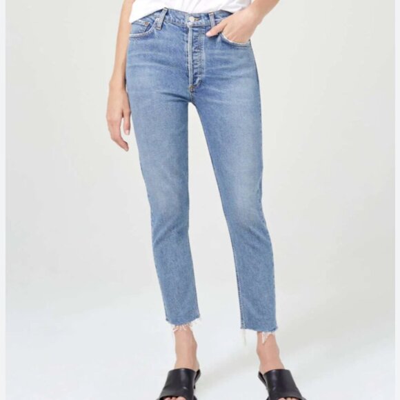 AGOLDE Nico High Rise Slim Jeans Size 26 Medium Wash Raw Hem - Picture 1 of 5